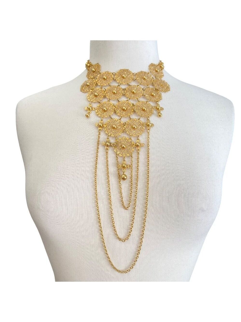 Vintage Intricate Floral Gold Statement Necklace With Matching Earrings Layered
